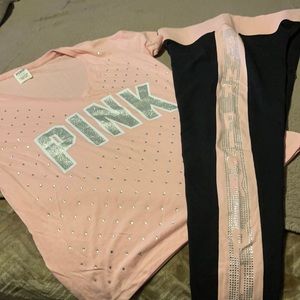 PINK Rhinestones & Glitter Set!Pink & Silver T w/ Blk & Pink Yoga Style Leggings